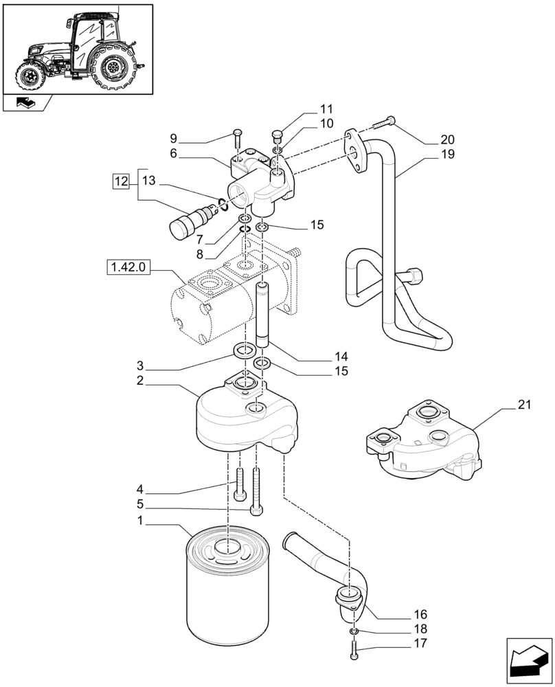 Схема запчастей Case IH FARMALL 95N - (1.82.1/01[03]) - OIL FILTER, PRESSURE RELIEF VALVE, SUPPORTS AND PIPES (07) - HYDRAULIC SYSTEM