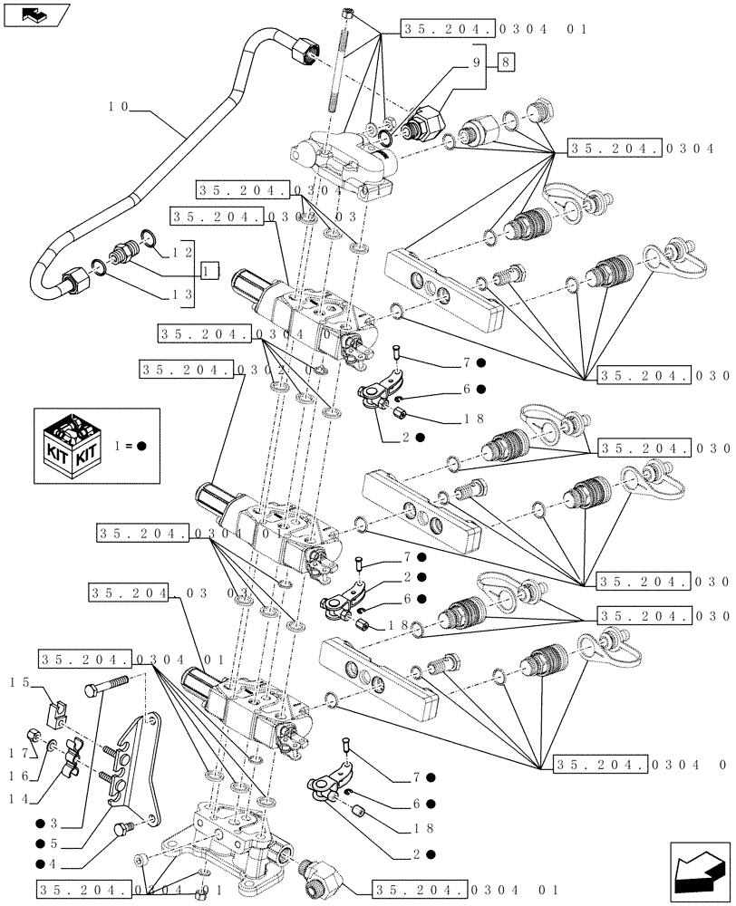 Схема запчастей Case IH FARMALL 65C - (35.204.0304[02]) - 3 REAR CONTROL VALVES WITH 6 COUPLERS - SUPPORTS AND PIPES - ISO (VAR.336108) - END YR 09-MAY-2016 (35) - HYDRAULIC SYSTEMS