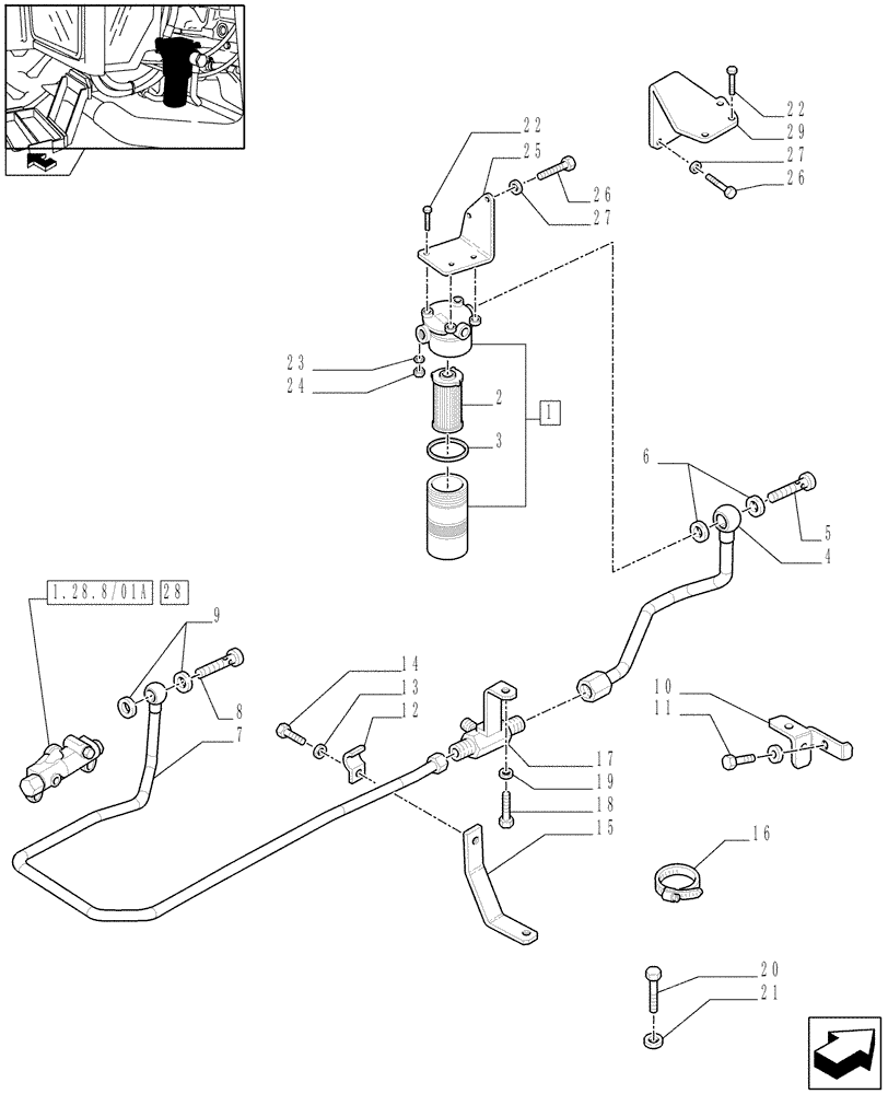 Схема запчастей Case IH FARMALL 75N - (1.28.8/01[01]) - GEARBOX LUBRIFICATION PIPES AND OIL FILTER (03) - TRANSMISSION