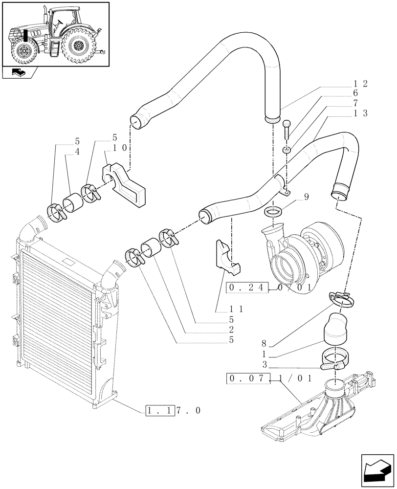 Схема запчастей Case IH MAXXUM 115 - (1.19.6/01) - INTERCOOLER AND CONDENSER - PIPES (02) - ENGINE EQUIPMENT