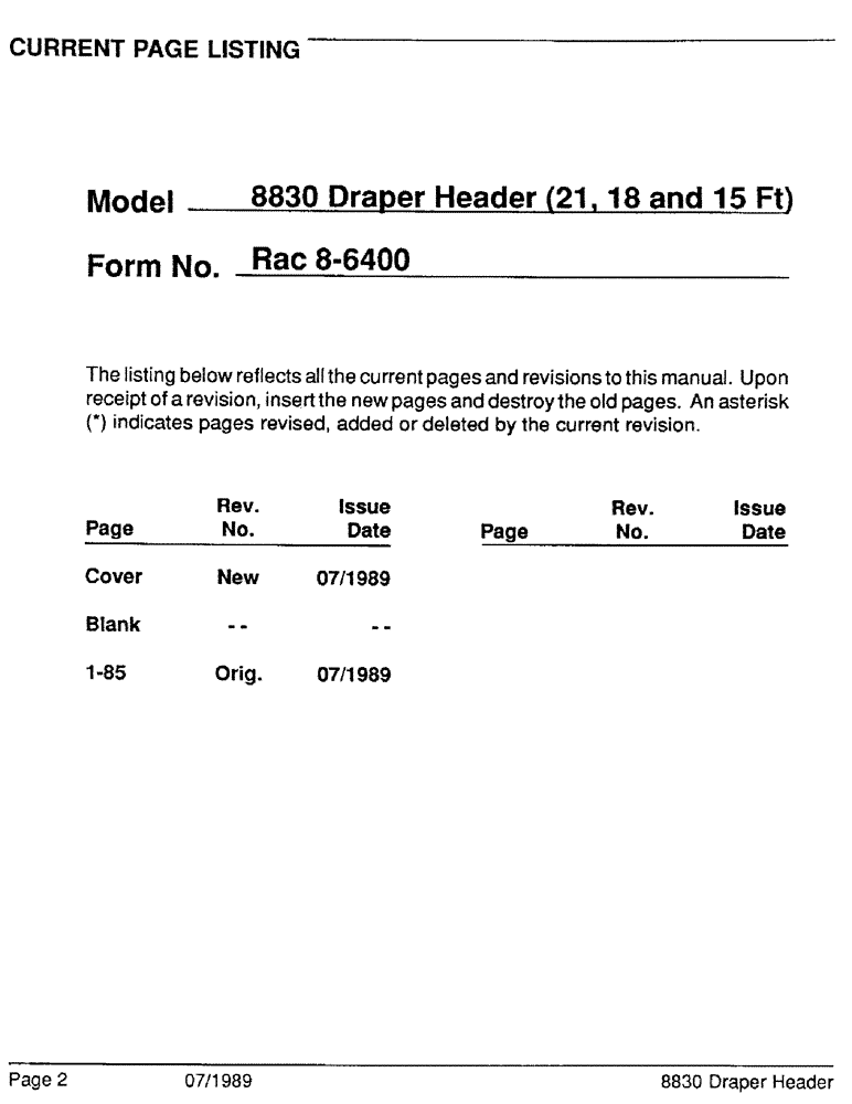 Схема запчастей Case IH 8830 - (02) - CURRENT PAGE LISTING (00) - GENERAL & PICTORIAL INDEX
