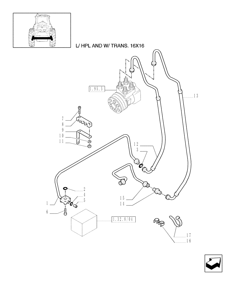 Схема запчастей Case IH MXU100 - (1.42.0/05) - (VAR.831/1) CCLS WITH 2 MECHANICAL CONTROL VALVE - POWER STEERING DELIVERY AND RETURN PIPES (04) - FRONT AXLE & STEERING