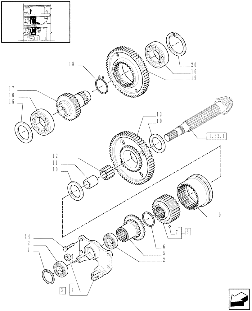 Схема запчастей Case IH MXU100 - (1.32.3/02[01]) - (VAR.100/2) CREEPER TRANSMISSION FOR TRANSMISSION 16X16 - CONTROL REDUCTION (03) - TRANSMISSION