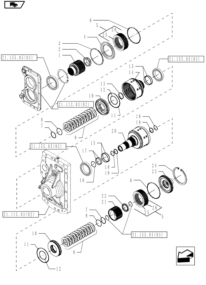 Схема запчастей Case IH MAGNUM 210 - (21.155.03) - CENTRAL REDUCTION GEARS, CLUTCH AND GEARS, WITH CONTINUOUSLY VARIABLE TRANSMISSION (21) - TRANSMISSION