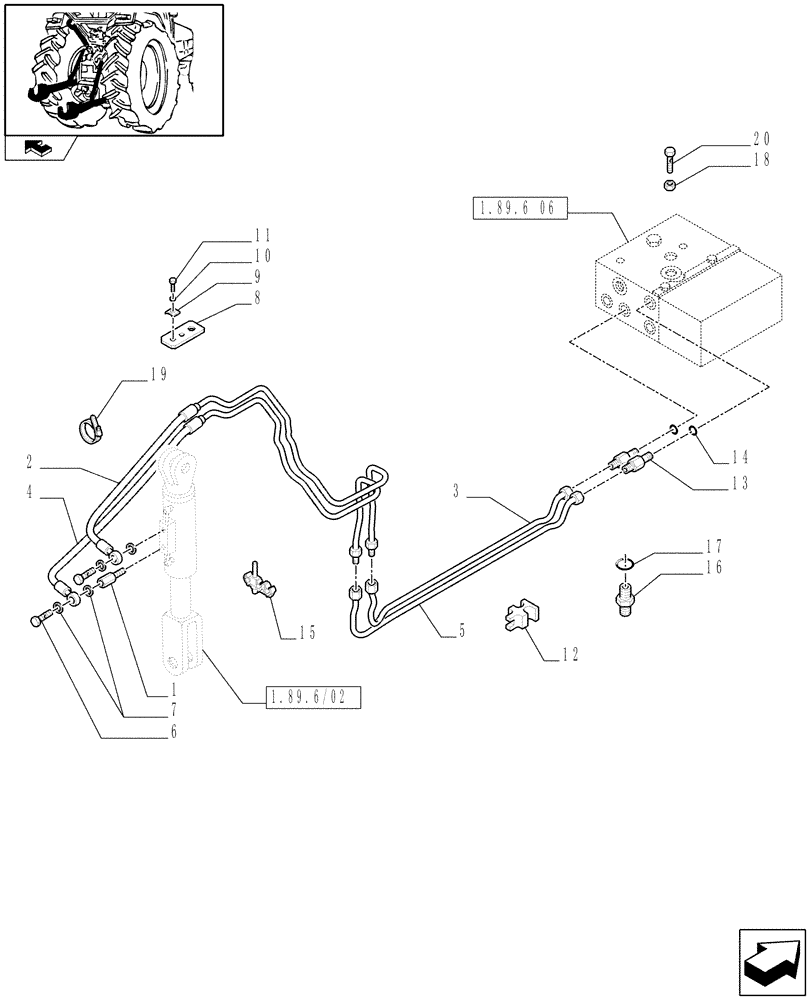 Схема запчастей Case IH FARMALL 105V - (1.89.6[05]) - HYDRAULIC RIGHT LIFTING ROD FOR MDC - TIE-ROD, PIPES AND CONNECTIONS - L/CAB (09) - IMPLEMENT LIFT