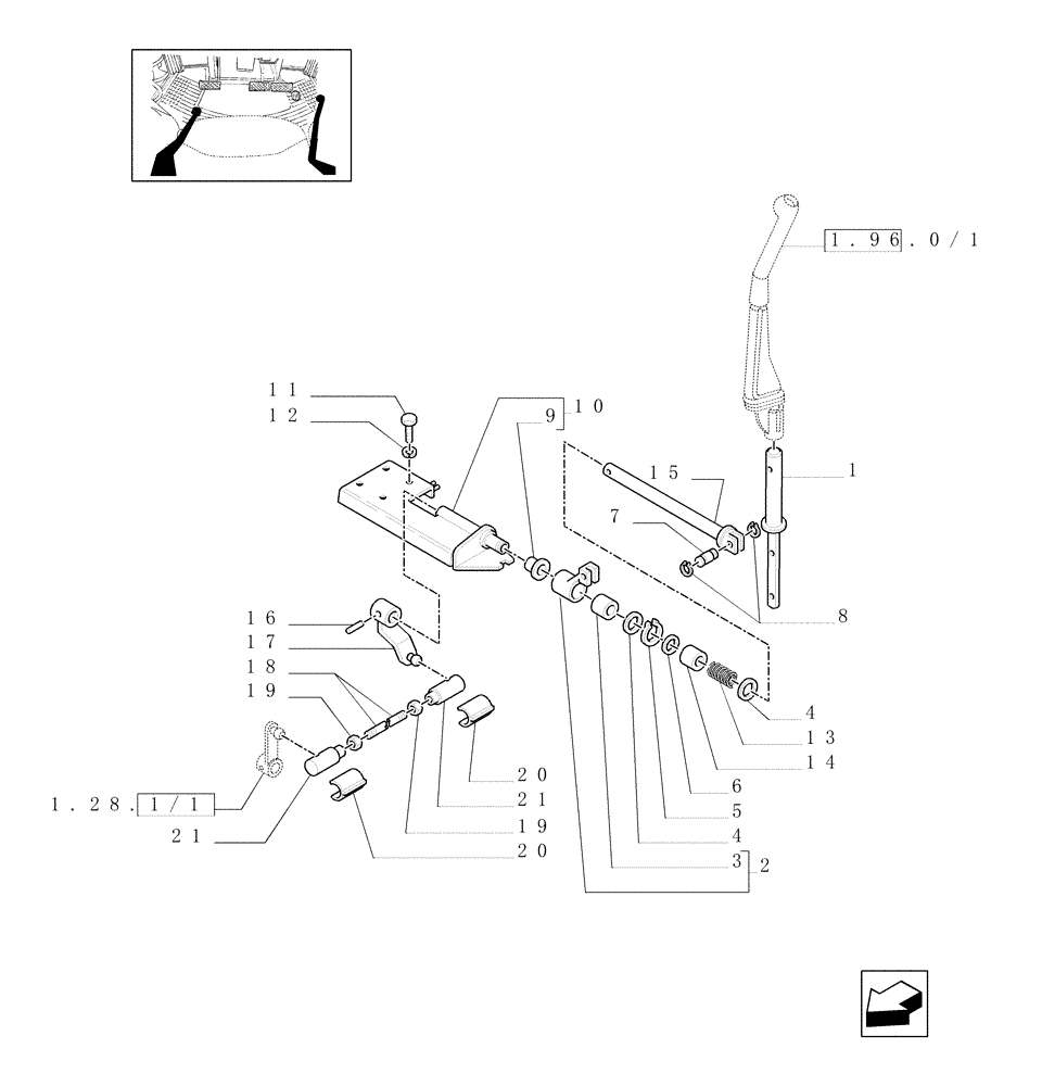 Схема запчастей Case IH JX80U - (1.34.2/01) - (VAR.109-110) SYNCHRONIZED MECHANICAL REVERSER UNIT -LEVER, CROSS-PIECE AND PARTS (04) - FRONT AXLE & STEERING