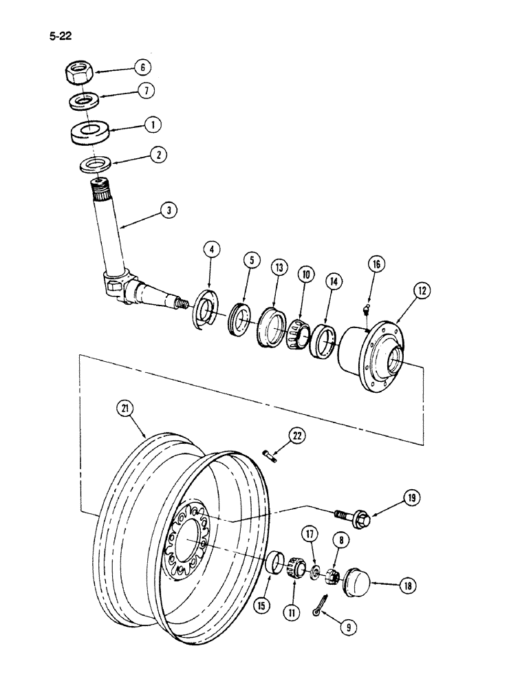 Схема запчастей Case IH 1620 - (5-022) - STEERING KNUCKLE, HUB AND WHEELS, FOR 11.00-16, 12.4-16 AND 11.2-24 WHEELS (04) - STEERING