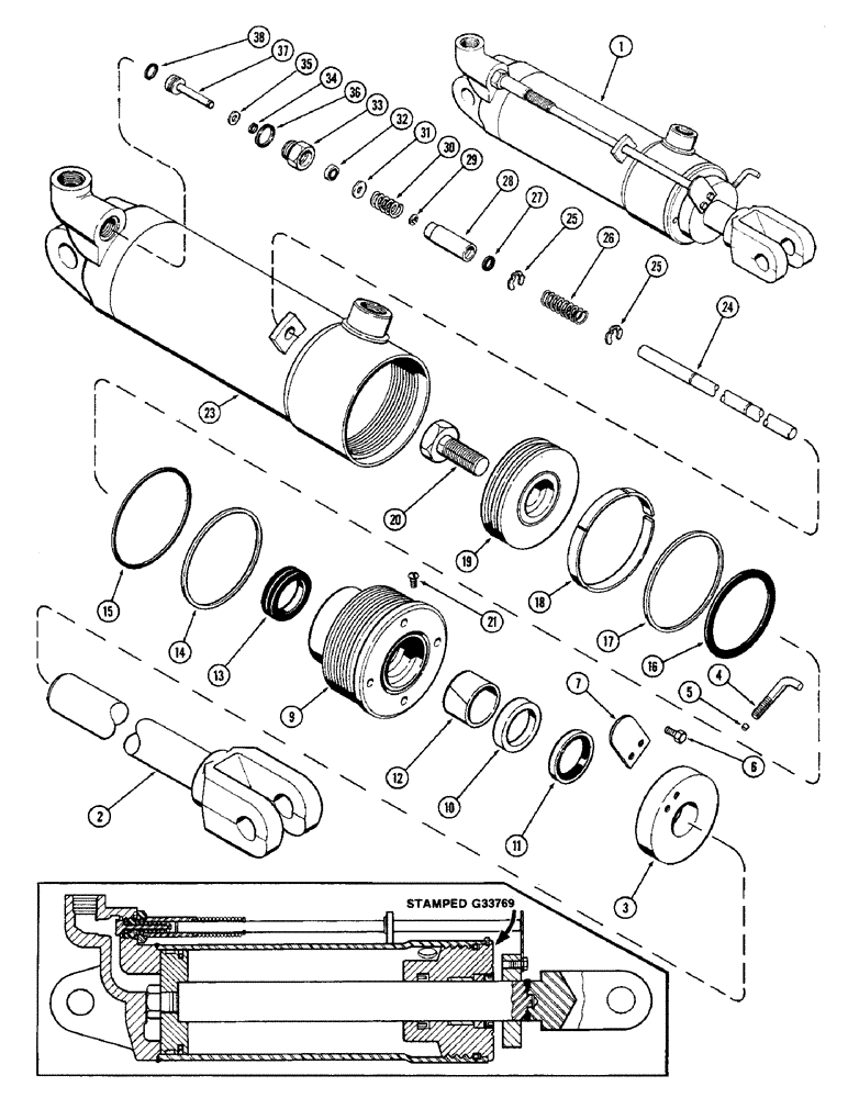 Схема запчастей Case IH 1370 - (374) - G33769 REMOTE HYDRAULIC CYLINDER, 4 INCH X 8 INCH CYLINDER, GLAND WITH CENTER BEARING (09) - CHASSIS/ATTACHMENTS