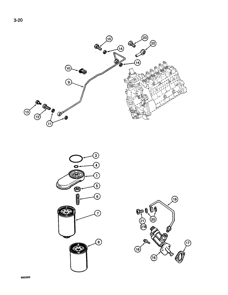 Схема запчастей Case IH 9240 - (3-020) - FUEL FILTER AND TRANSFER PUMP, 6TA-830 ENGINE (03) - FUEL SYSTEM