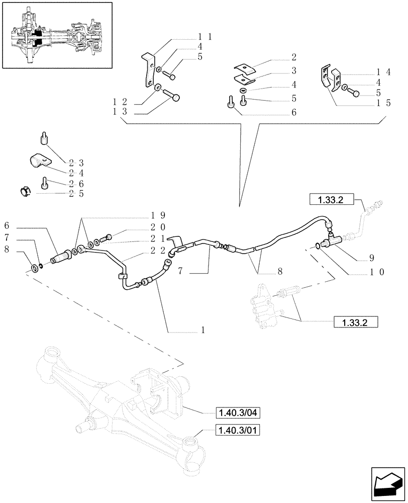 Схема запчастей Case IH JX1080U - (1.33.2/10) - (VAR.308-308/1) FRONT AXLE CL. 2 HYDR. LOCKING 30-40 KM/H - PIPES (04) - FRONT AXLE & STEERING