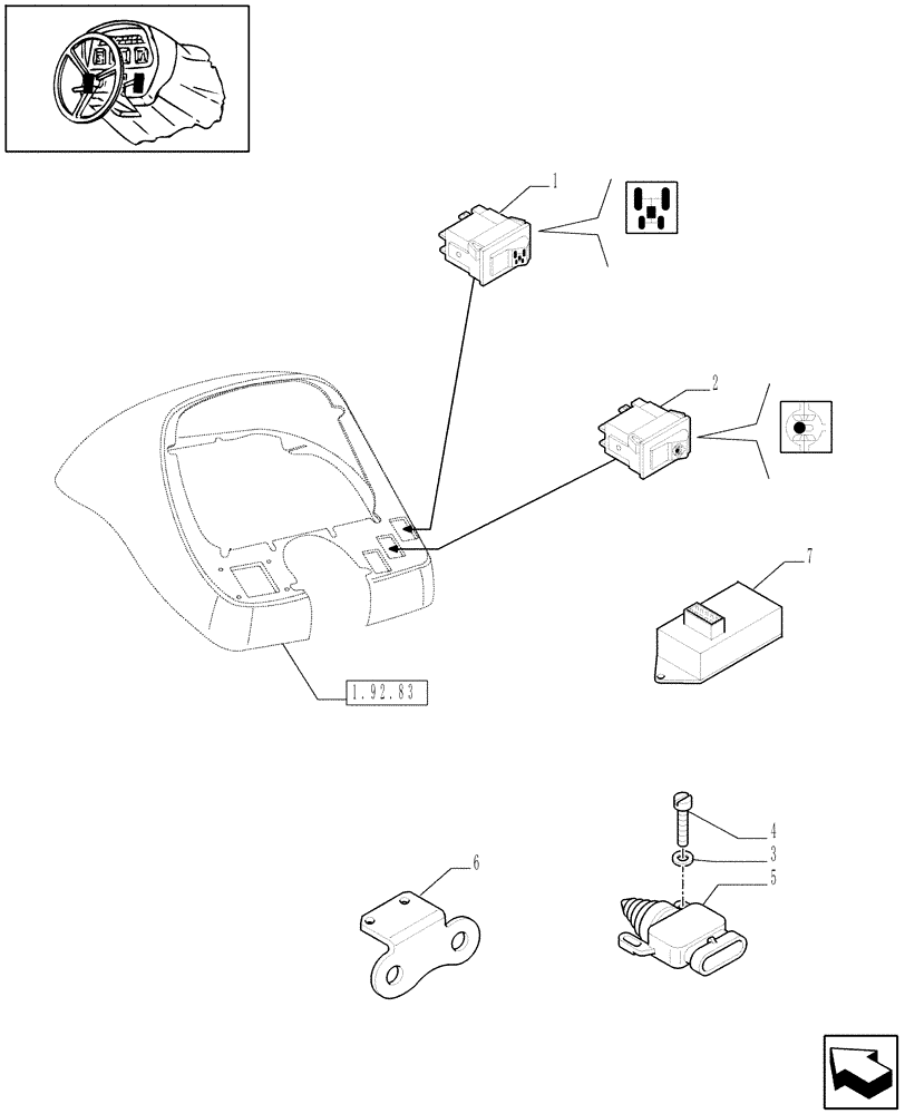 Схема запчастей Case IH JX95 - (1.92.75/02) - (VAR.384) ELECTROHYDRAULIC DIFFERENTIAL LOCK E ELECTROHYDRAULIC 4WD ENGAGEMENT - SWITCHES & CONTROLS (10) - OPERATORS PLATFORM/CAB