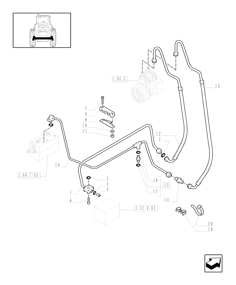 Схема запчастей Case IH MXU115 - (1.42.0/02) - (VAR.269/1) CCLS FOR TRANSMISSION 24X24 (EDC) - POWER STEERING DELIVERY AND RETURN PIPES (04) - FRONT AXLE & STEERING