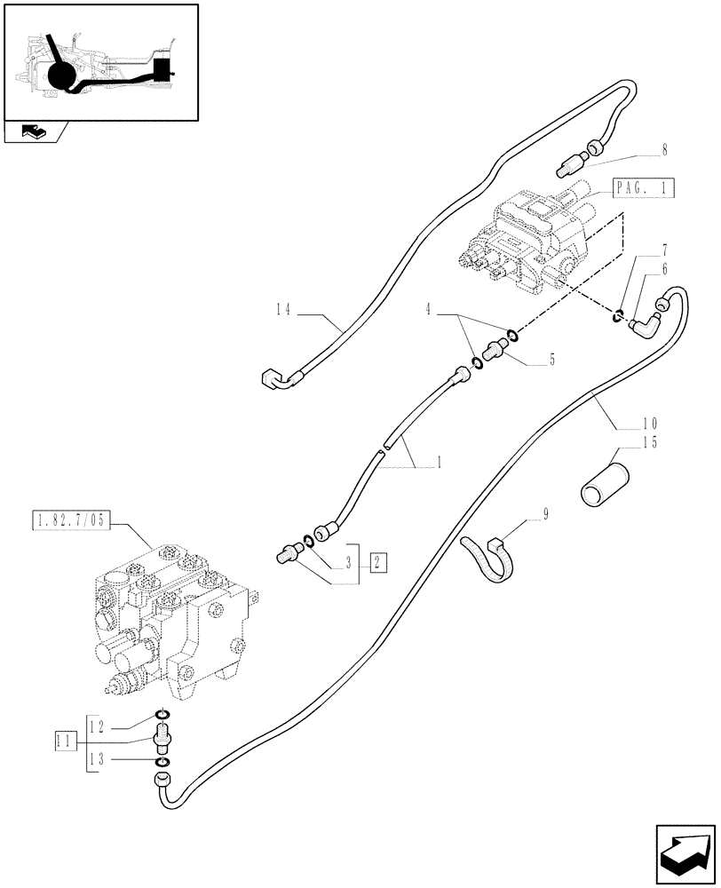 Схема запчастей Case IH FARMALL 95U - (1.82.7/16[02]) - TWO MID-MOUNT VALVES FOR REAR "BOSCH" CONTROL VALVES - PIPES (VAR.330386-333386-331377) (07) - HYDRAULIC SYSTEM