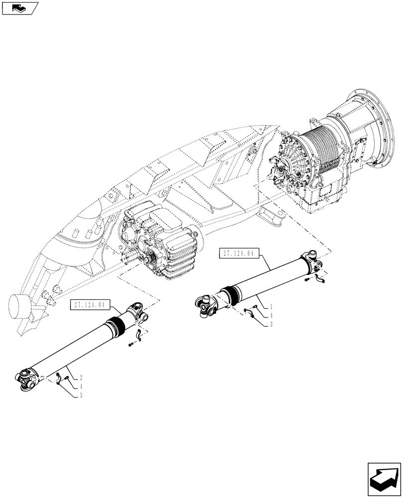 Схема запчастей Case IH TITAN 3030 - (27.124.03) - DRIVELINE MOUNTING, WITH AUXILIARY TRANSMISSION (27) - REAR AXLE SYSTEM