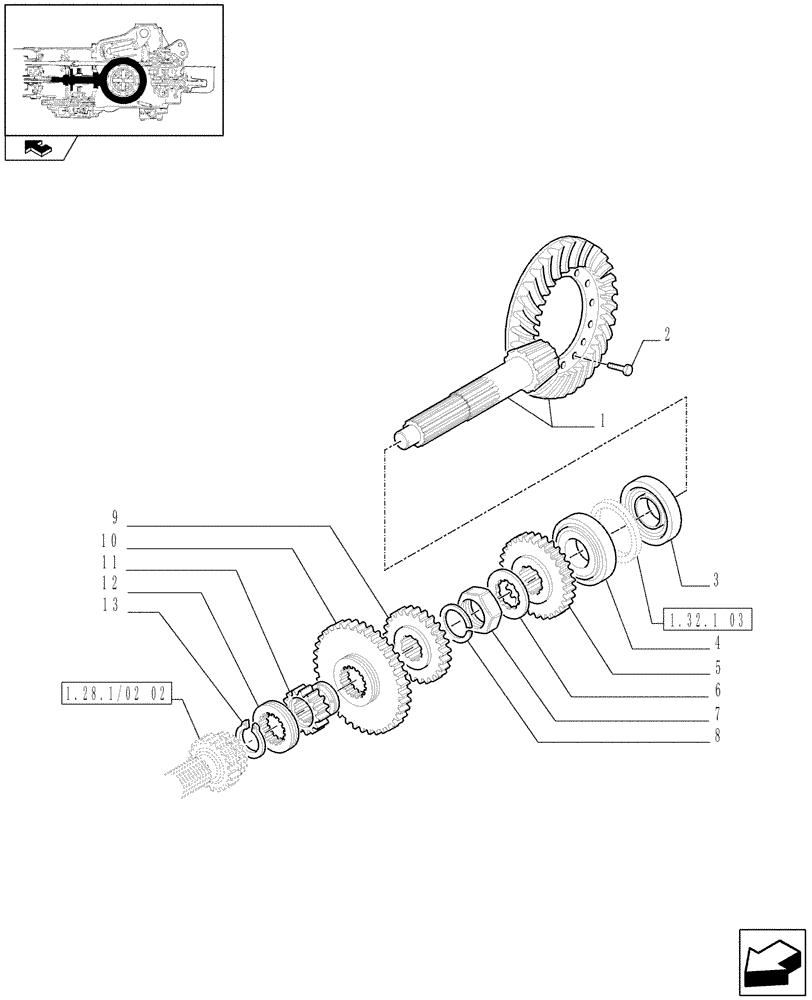 Схема запчастей Case IH FARMALL 60 - (1.32.1/01[01]) - 12X4 (30KM/H) SYNCHROMESH TRANSMISSION - BEVEL GEAR PAIR (VAR.335115-743904) (03) - TRANSMISSION