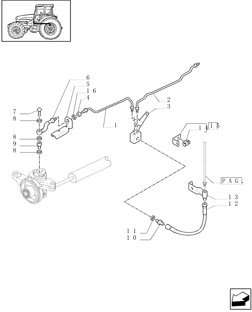 Схема запчастей Case IH JX80U - (1.68.5/07[01]) - (VAR.415) FRONT AXLE CL. 2/BRAKE, FRONT MUDGARD HYDR. DIFF. LOCK. HYDR. TRANSM. - BRACKETS, PIPES (05) - REAR AXLE