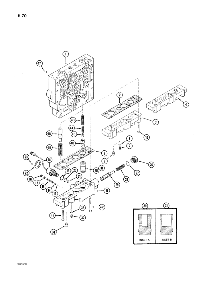 Схема запчастей Case IH 7150 - (6-070) - TRANS. CONTROL VALVE ASSY., BODY SECTION, CREEPER VALVE BODY & LOWER PLATE, 2-SPEED REVERSE VALVES (06) - POWER TRAIN