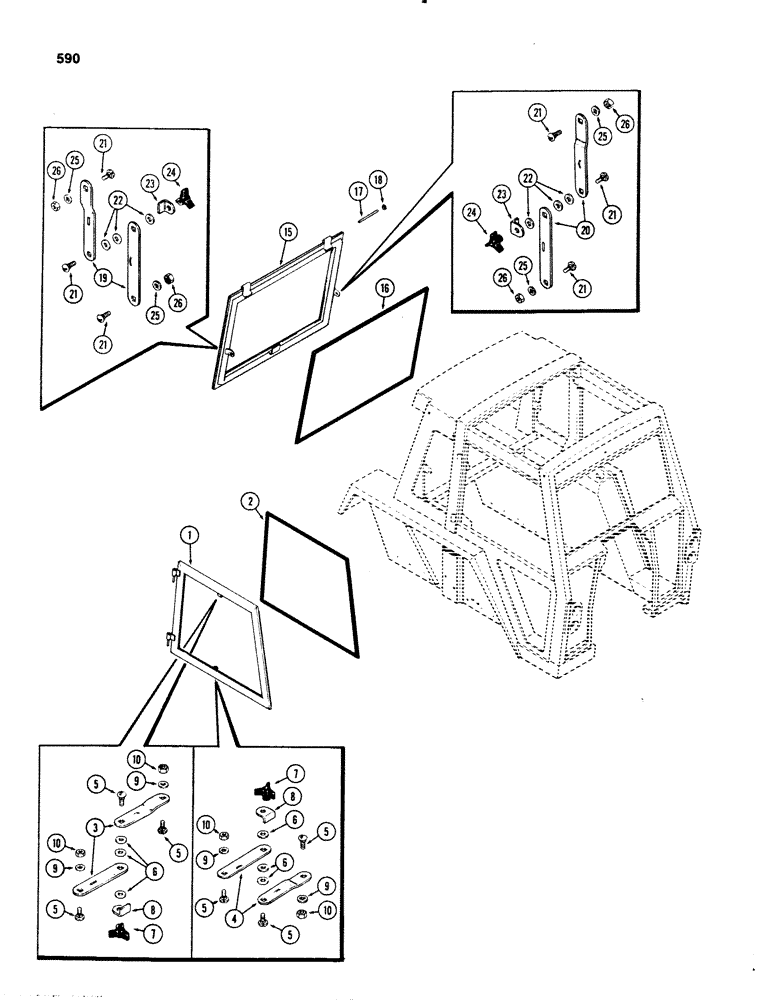 Схема запчастей Case IH 1070 - (0590) - CAB, WINDOWS, USED CAB SERIAL NUMBERS 7814176 TO 7821251 (09) - CHASSIS/ATTACHMENTS