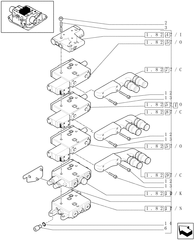 Схема запчастей Case IH MXU125 - (1.82.7/49[02]) - (VAR.015) 3 "CCLS" (EDC) ELECTRONIC CONTROL VALVES AND ASSOCIATED PARTS (07) - HYDRAULIC SYSTEM