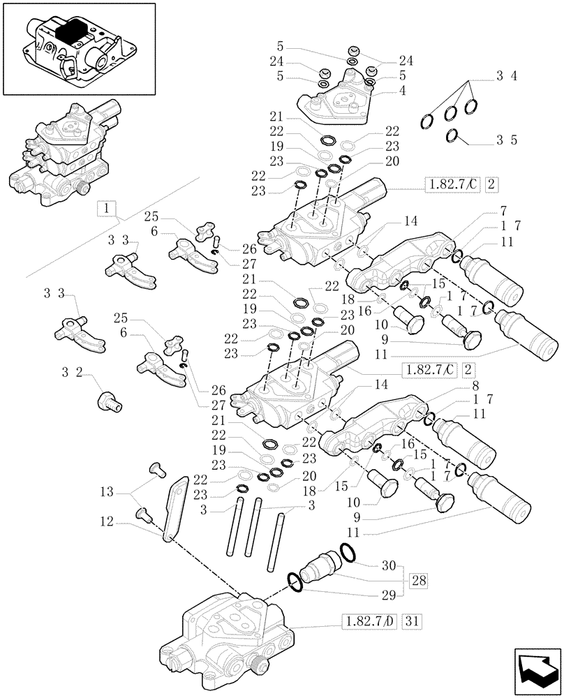 Схема запчастей Case IH MXU110 - (1.82.7/04) - 2 REAR CONTROL VALVES - COMPONENTS PARTS (07) - HYDRAULIC SYSTEM