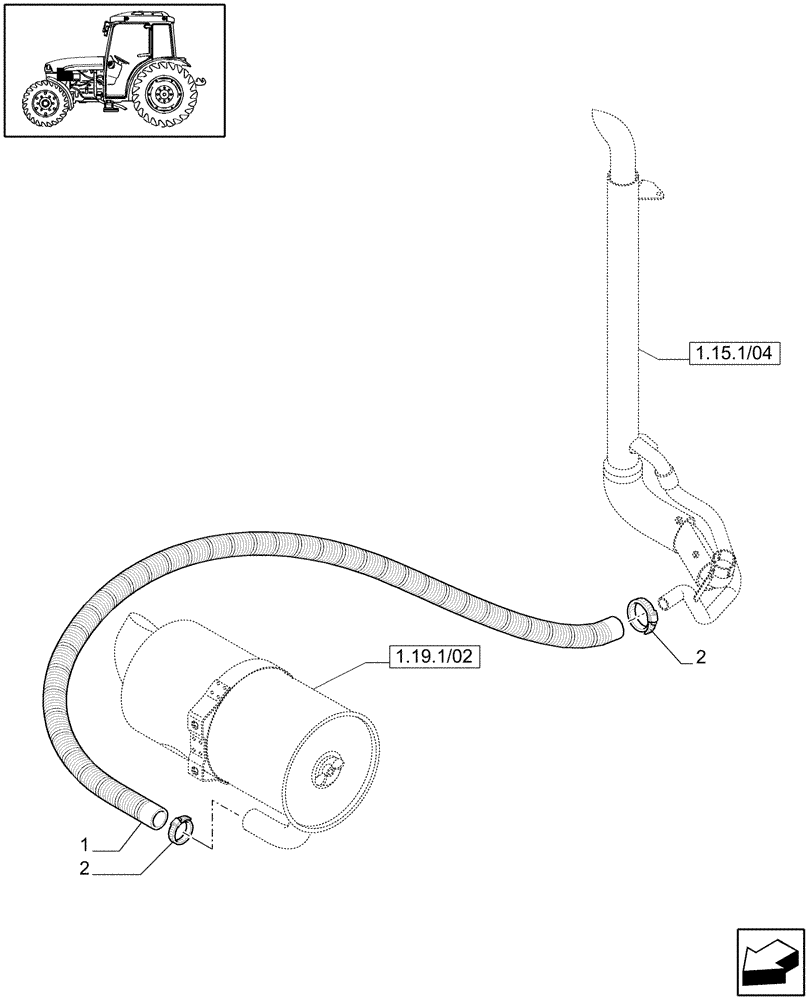 Схема запчастей Case IH JX1085C - (1.19.7/02[01]) - (VAR.504) AIR FILTER DUST EJECTOR W/EXHAUST GUARD SHIELD FOR "A" PILLAR-AIR CLEANER PIPING - C5177 (02) - ENGINE EQUIPMENT