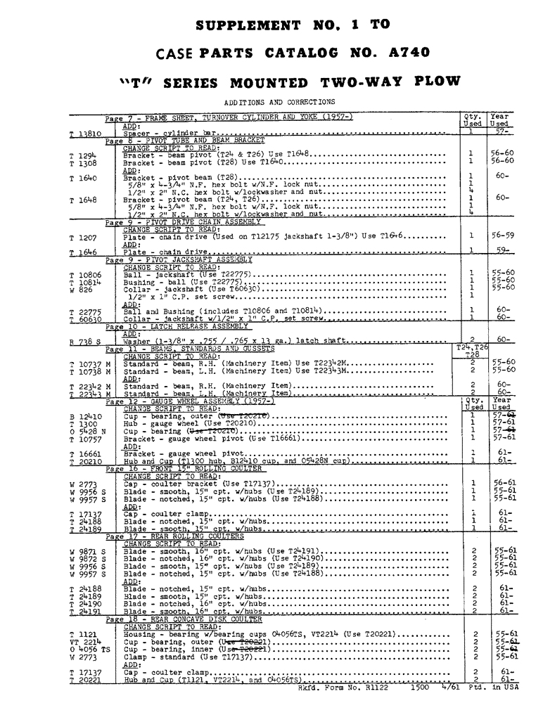 Схема запчастей Case IH T-SERIES - (01A) - SUPPLEMENT NUMBER ONE TO T SERIES MOUNTED TWO-WAY PLOW, ADDITIONS AND CORRECTIONS 
