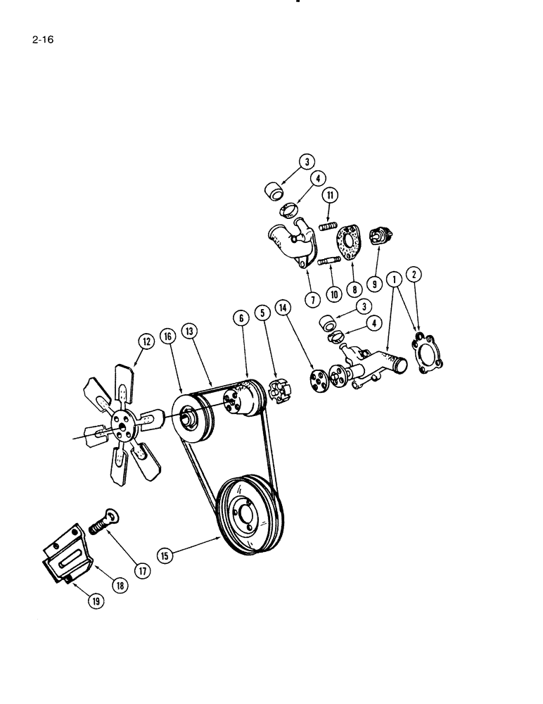 Схема запчастей Case IH 5000 - (2-16) - FAN AND WATER PUMP, C-258 GAS ENGINE P.I.N. 6005 THRU 10008, C-258 GAS ENGINE P.I.N. 372001 & AFTER (02) - ENGINE