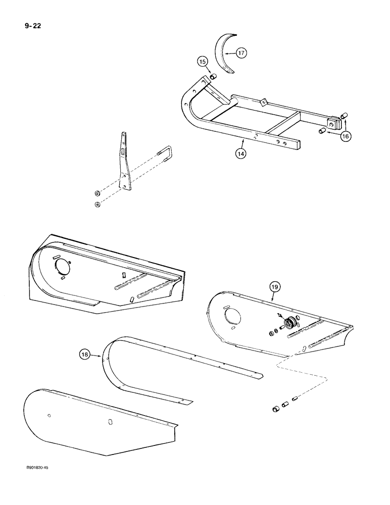 Схема запчастей Case IH 1100 - (9-22) - CUTTER BAR SUPPORT HINGE COUPLING, IDLER PULLEY, AND SHIELDS (09) - CHASSIS/ATTACHMENTS