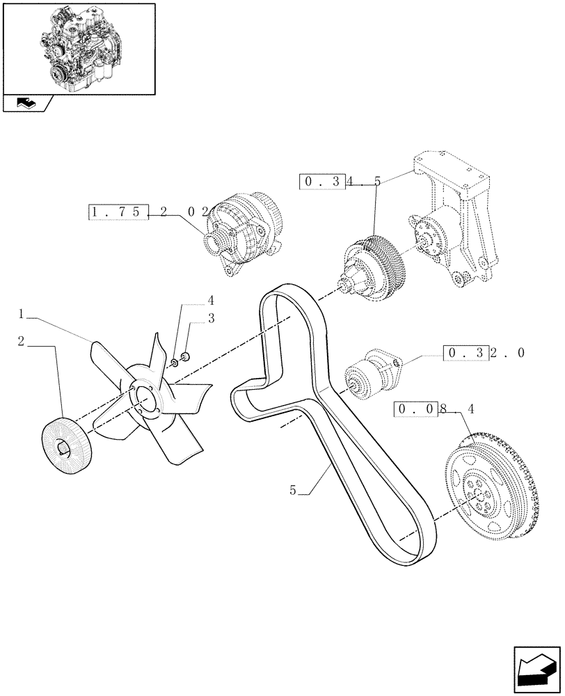 Схема запчастей Case IH MAXXUM 110 - (0.34.7) - ENGINE FAN AND BELT (STD + VAR.330003-332115) (01) - ENGINE