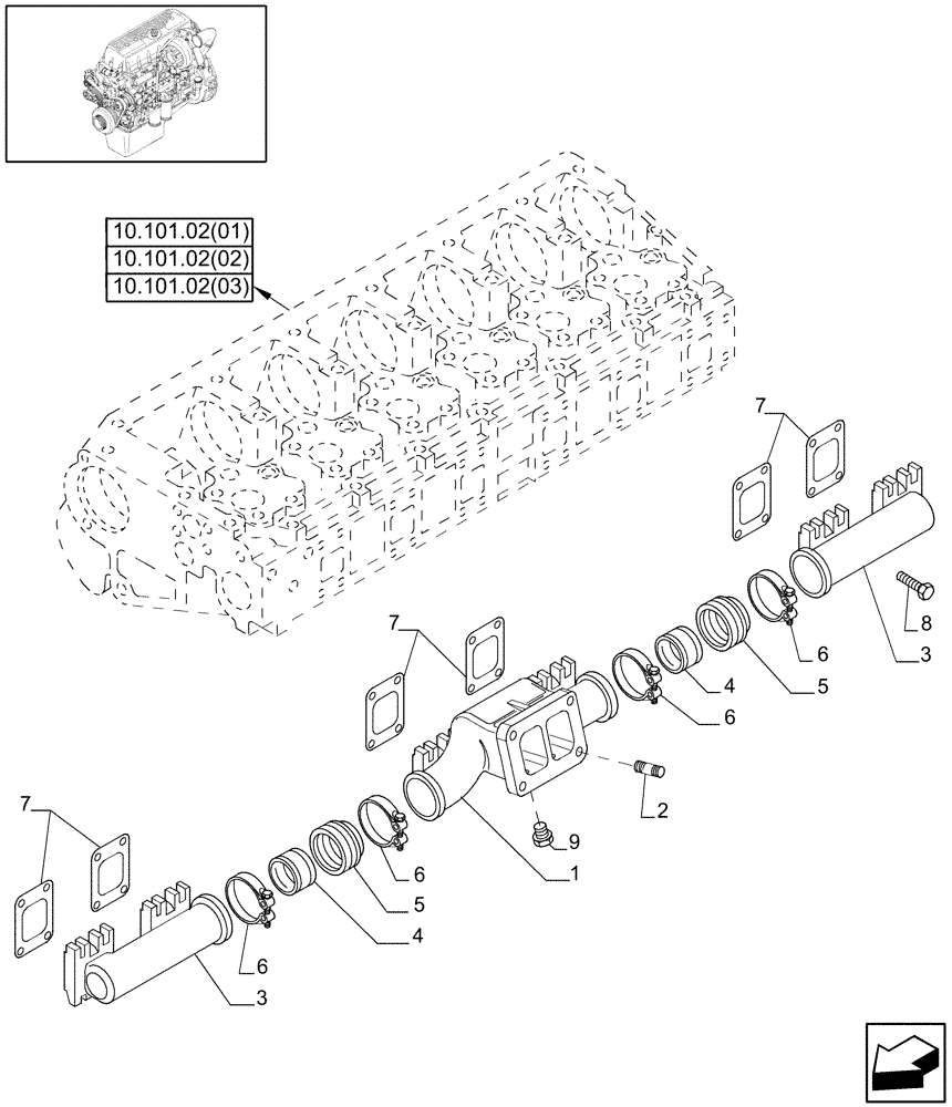 Схема запчастей Case IH 8120 - (10.254.10[02]) - EXHAUST MANIFOLD - 8120/8120(LA) (10) - ENGINE