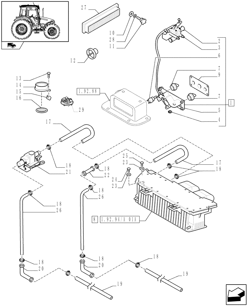 Схема запчастей Case IH FARMALL 95 - (1.92.94[03B]) - CAB - HEATING SYSTEM - D6515 (10) - OPERATORS PLATFORM/CAB