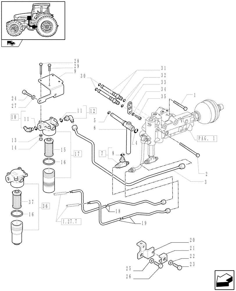 Схема запчастей Case IH FARMALL 95U - (1.27.3/01[02]) - 24X24 HI-LO POWER SHUTTLE TRANSMISSION - POWER SHUTTLE PIPES (VAR.330279-331279-332279) (03) - TRANSMISSION