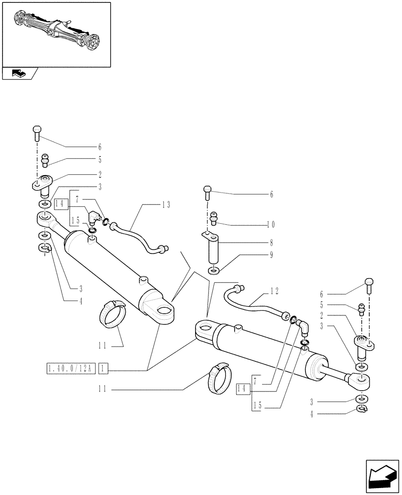 Схема запчастей Case IH PUMA 140 - (1.40.0/12) - (CL.3) FRONT AXLE WITH HYDR. DIFFER. LOCK AND STEERING SENSOR - HYDRAULIC STEERING CYLINDER (04) - FRONT AXLE & STEERING