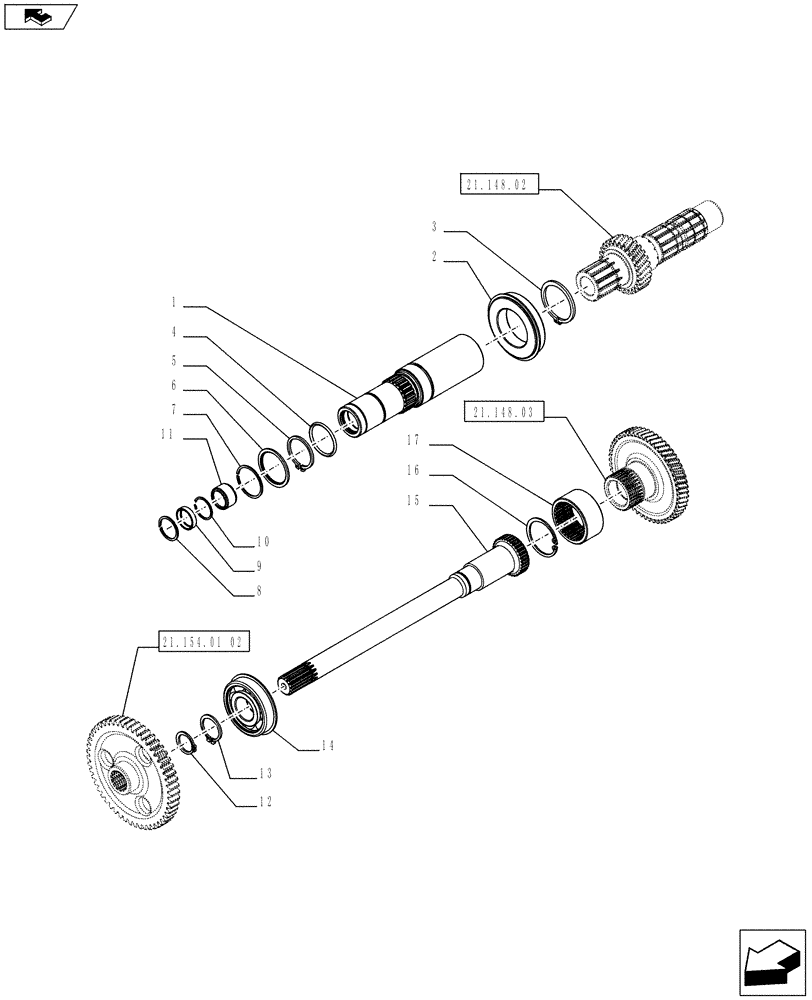 Схема запчастей Case IH FARMALL 75C - (21.160.0102) - LESS CREEPER FOR POWER SHUTTLE TRANSMISSION - GEARS AND SHAFTS (VAR.334111 / 743548) (21) - TRANSMISSION