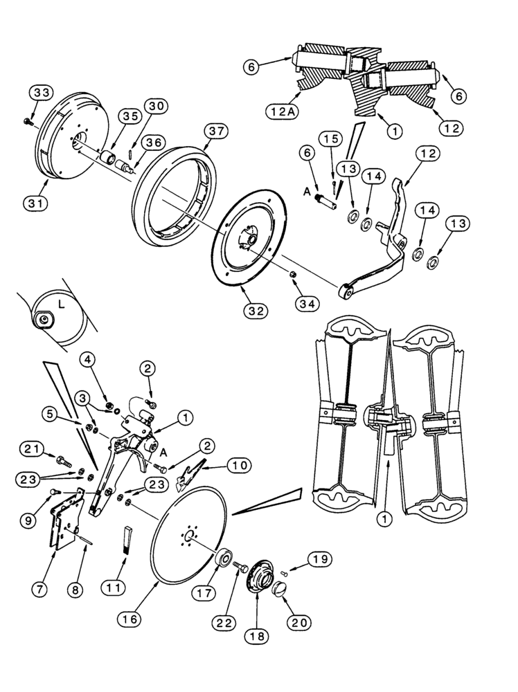 Схема запчастей Case IH 5500 - (9-38) - DISC OPENER AND GAUGE WHEEL WITH LEFT-HAND LEADING DISC OPENER (ON RIGHT-HAND SIDE OF DRILL) (09) - CHASSIS