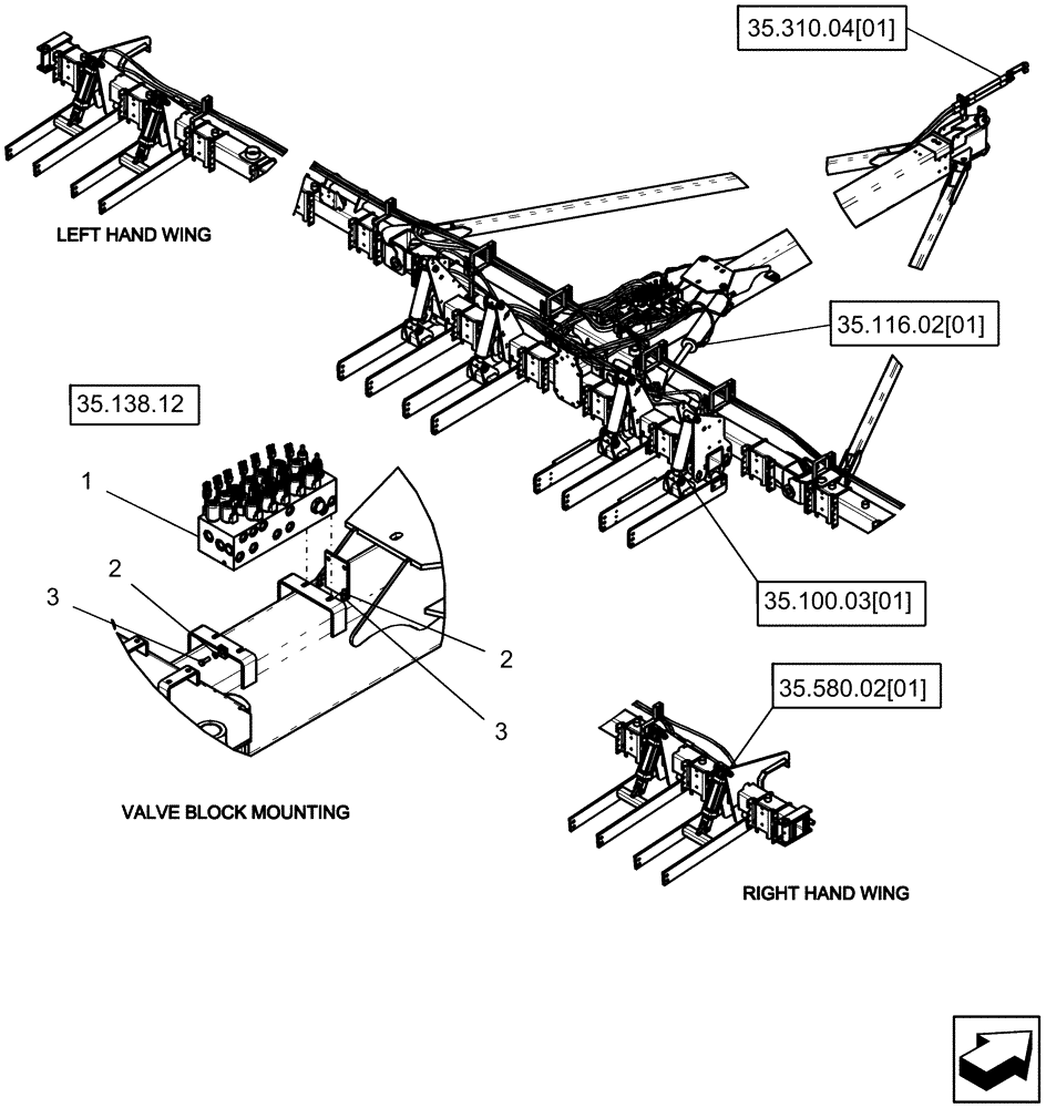 Схема запчастей Case IH 1250 - (35.100.01) - HYDRAULICS - PICTORIAL INDEX AND MAIN LIFT VALVE MOUNTING - 16 ROW BSN Y9S007001 (35) - HYDRAULIC SYSTEMS