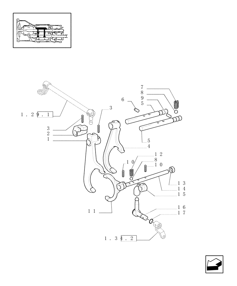 Схема запчастей Case IH JX100U - (1.29.0) - TRANSMISSION INTERNAL SHIFTING CONTROLS - RODS, FORKS (03) - TRANSMISSION