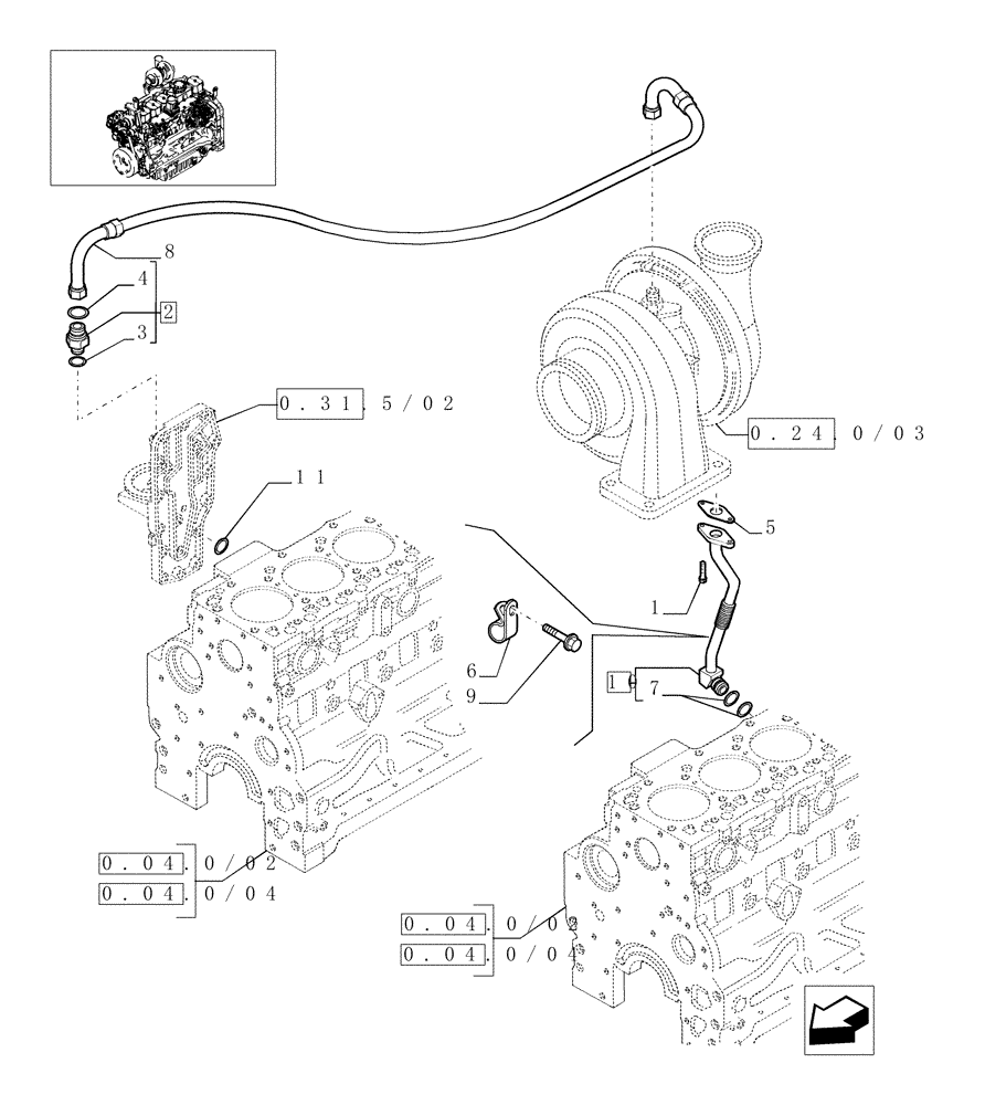 Схема запчастей Case IH MAXXUM 115 - (0.30.5/02) - PIPING ENGINE OIL (STD + VAR.330003-332115-332116) (01) - ENGINE