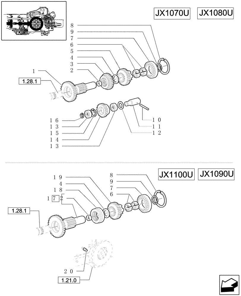 Схема запчастей Case IH JX1080U - (1.32.1[02]) - CENTRAL REDUCTION GEARS - MEDIUM SPEED ENGAGING GEAR (03) - TRANSMISSION