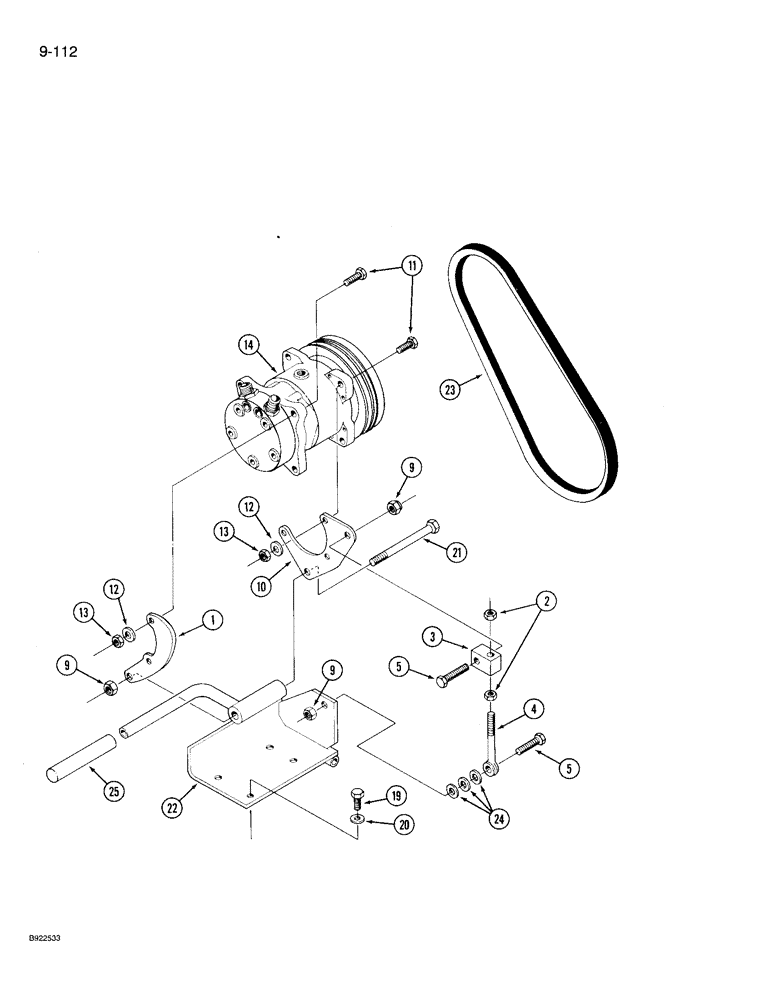 Схема запчастей Case IH 9210 - (9-112) - COMPRESSOR MOUNTING AND DRIVE, AIR CONDITIONER, PRIOR TO P.I.N. JCB0028402 (09) - CHASSIS/ATTACHMENTS