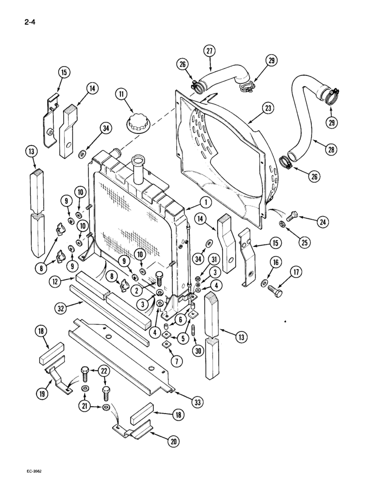 Схема запчастей Case IH 895 - (2-04) - RADIATOR AND CONNECTIONS, WITHOUT AIR CONDITIONING, WITHOUT TROPICAL COOLING (02) - ENGINE