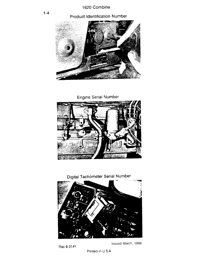 Схема запчастей Case IH 1620 - (1-004) - PRODUCT IDENTIFICATION NUMBER, ENGINE SERIAL NUMBER & DIGITAL TACHOMETER SERIAL NUMBER LOCATIONS (00) - PICTORIAL INDEX
