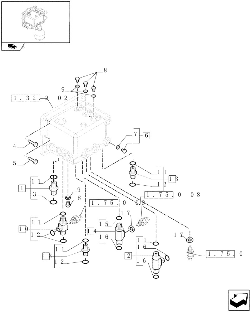 Схема запчастей Case IH PUMA 125 - (1.32.2[03]) - TRANSMISSION 18X6 OR 19X6 - REDUCTION UNIT VALVE BLOCK - SUPPORT RELATED PARTS (03) - TRANSMISSION