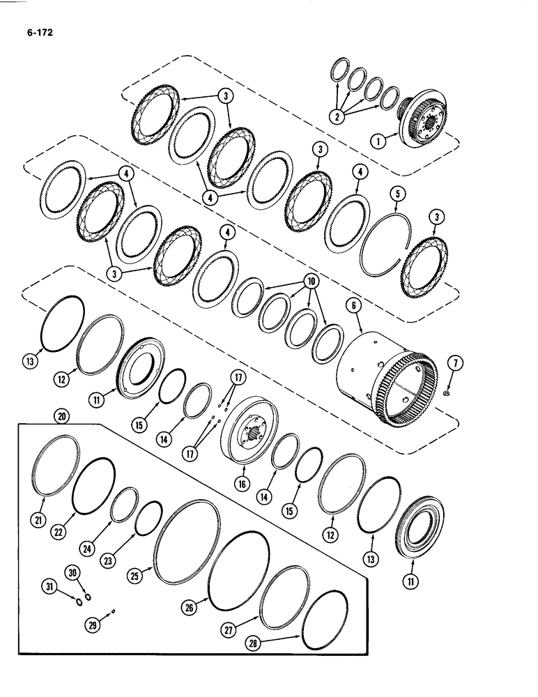 Схема запчастей Case IH 4494 - (6-172) - TRANSMISSION CLUTCH ASSEMBLY, (C2) AND (C3) CLUTCHES, TRANSMISSION SERIAL NO. 16258468 AND AFTER (06) - POWER TRAIN