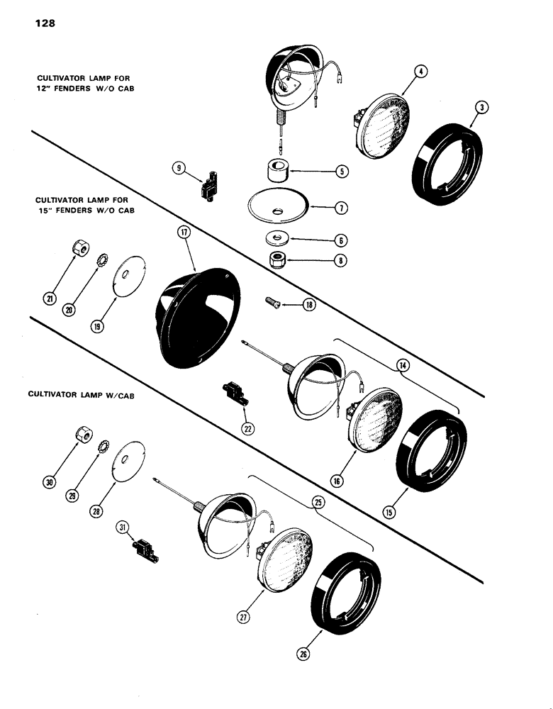 Схема запчастей Case IH 770 - (128) - LIGHTING EQUIPMENT, CULTIVATING LAMP, FOR 12" FENDER W/O CAB, FOR 15" FEEDER W/O CAB AND W/CAB (04) - ELECTRICAL SYSTEMS