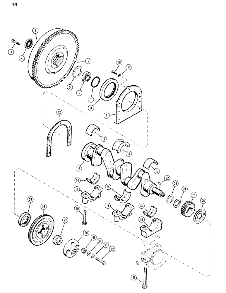 Схема запчастей Case IH 430 - (014) - CRANKSHAFT AND FLYWHEEL, 430, 148B, SPARK IGNITION ENGINE (02) - ENGINE