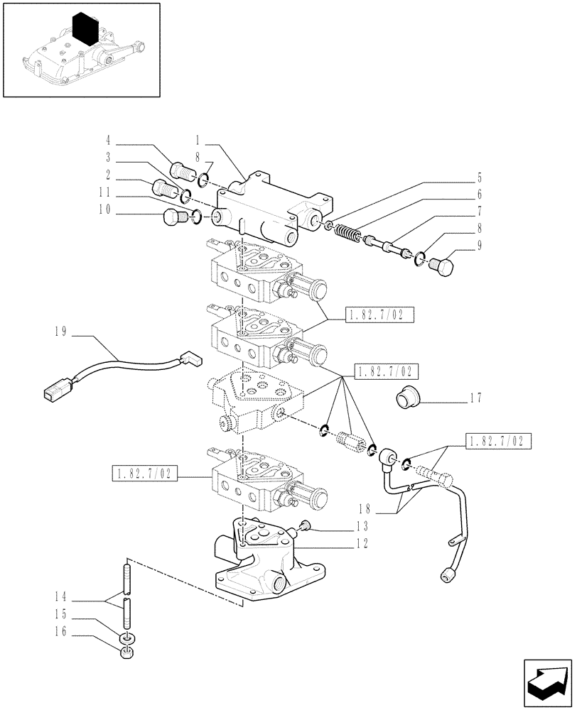 Схема запчастей Case IH JX1095N - (1.82.7/04[03]) - (VAR.419) THREE REMOTE VALVES FOR ELECTRONIC LIFT - VALVE AND FLANGE - D5484 (07) - HYDRAULIC SYSTEM