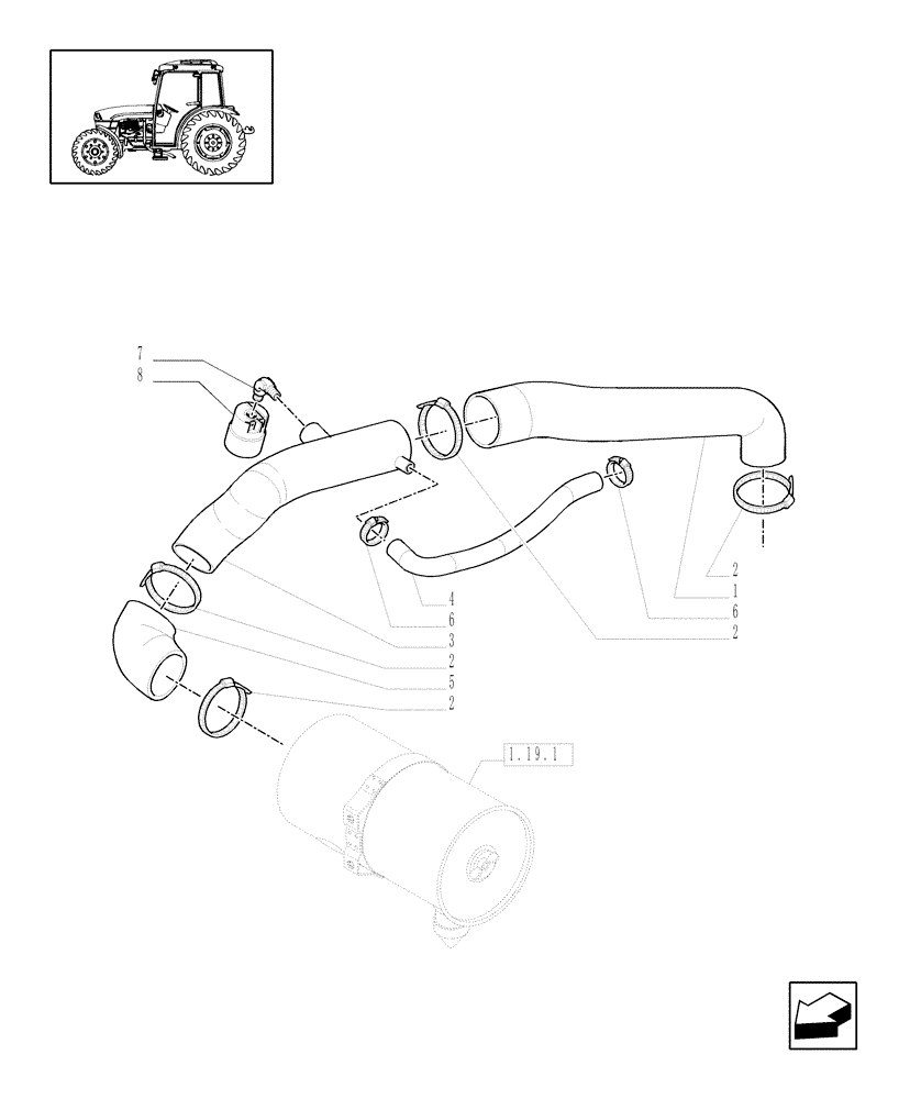 Схема запчастей Case IH JX1085C - (1.19.7[02]) - AIR CLEANER PIPING - W/CAB (02) - ENGINE EQUIPMENT