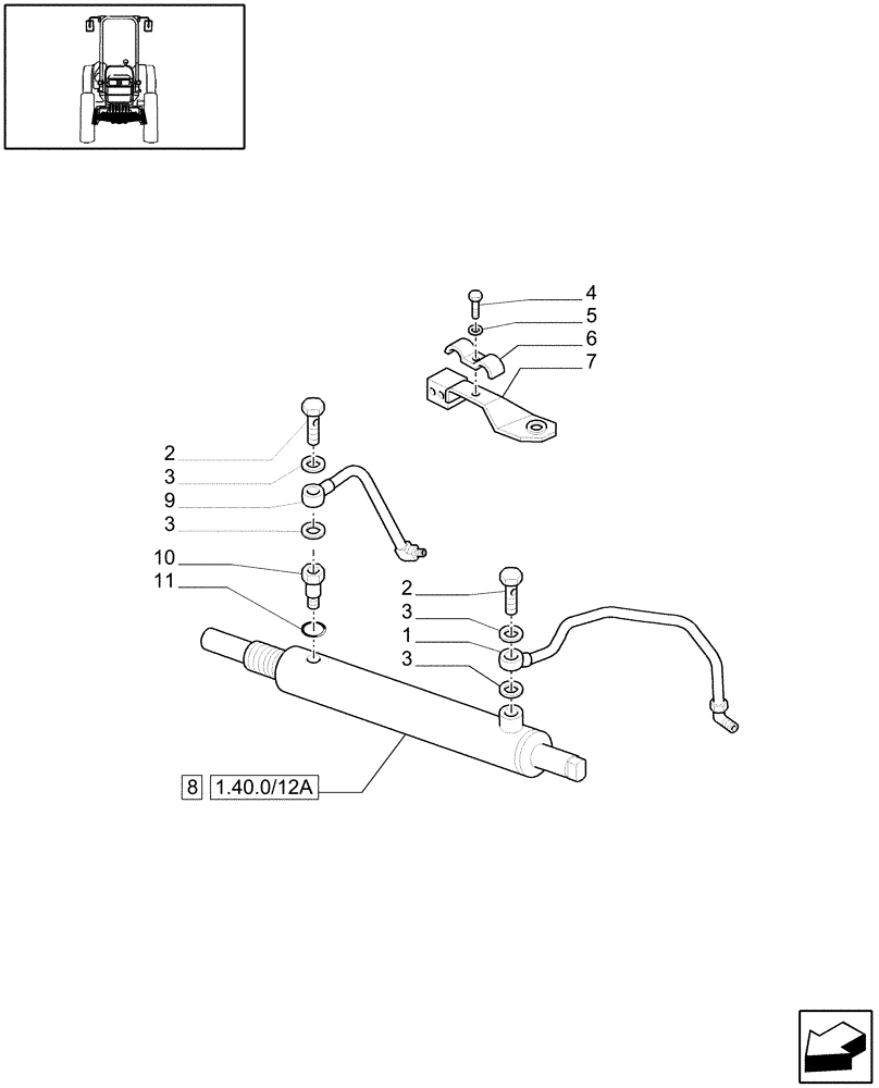 Схема запчастей Case IH JX1085C - (1.40.5/12) - (VAR.326/1) STANDARD FRONT AXLE W/ ELECTROHYDR. DIFF. LOCK, W/ BRAKES (30KM/H) - HYDR. STEER. CYL. (04) - FRONT AXLE & STEERING