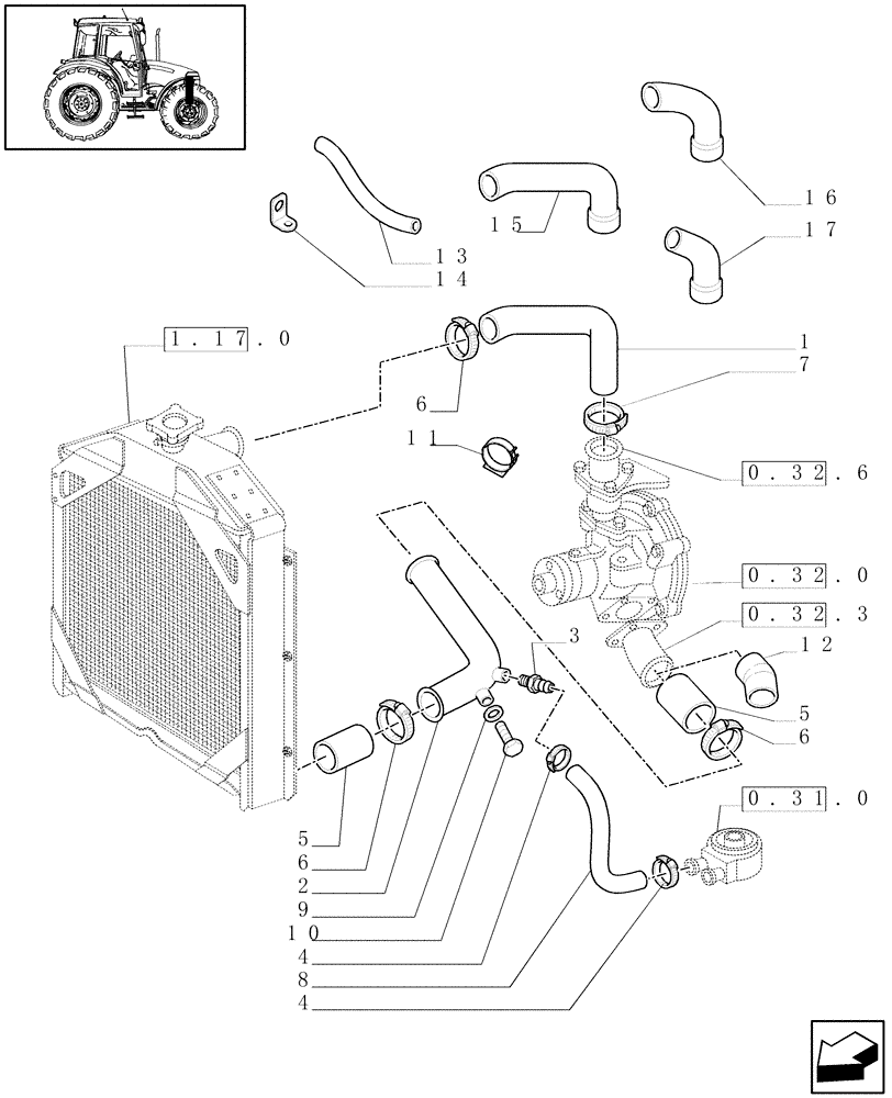 Схема запчастей Case IH JX95 - (1.17.1) - RADIATOR HOSES (02) - ENGINE EQUIPMENT